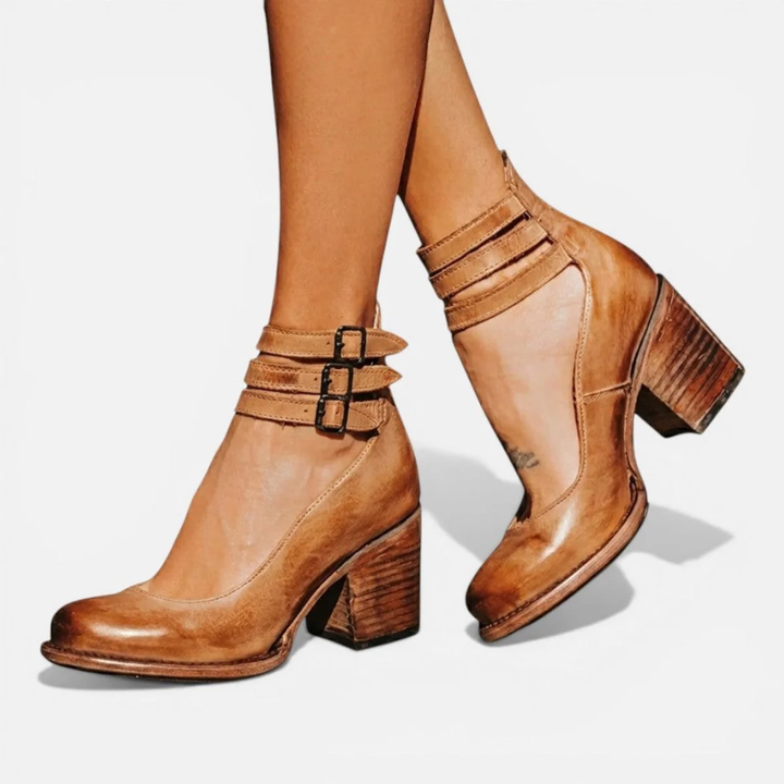 Mary| Stylish Tan Leather Block Heel Ankle Boots for Women
