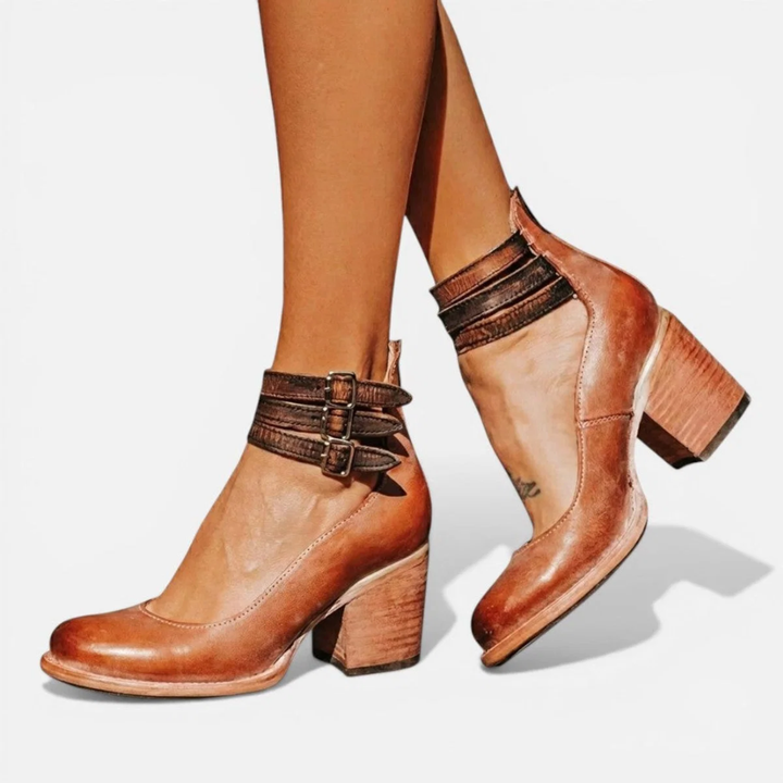 Mary| Stylish Tan Leather Block Heel Ankle Boots for Women
