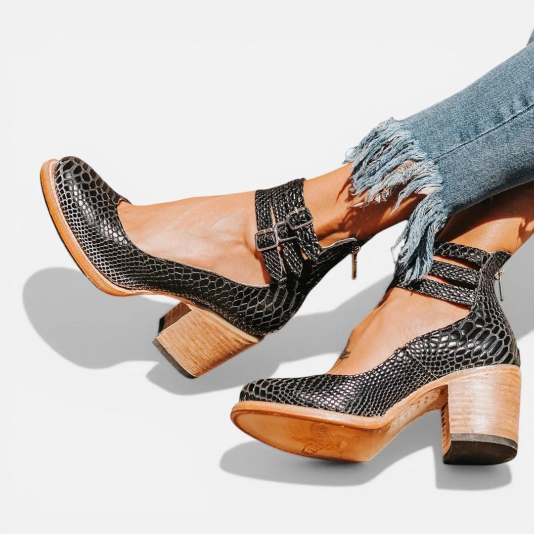 Mary| Stylish Tan Leather Block Heel Ankle Boots for Women