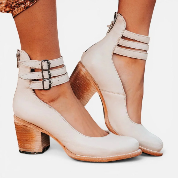 Mary| Stylish Tan Leather Block Heel Ankle Boots for Women