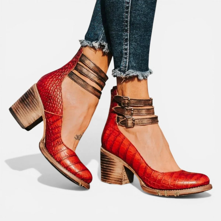 Mary| Stylish Tan Leather Block Heel Ankle Boots for Women